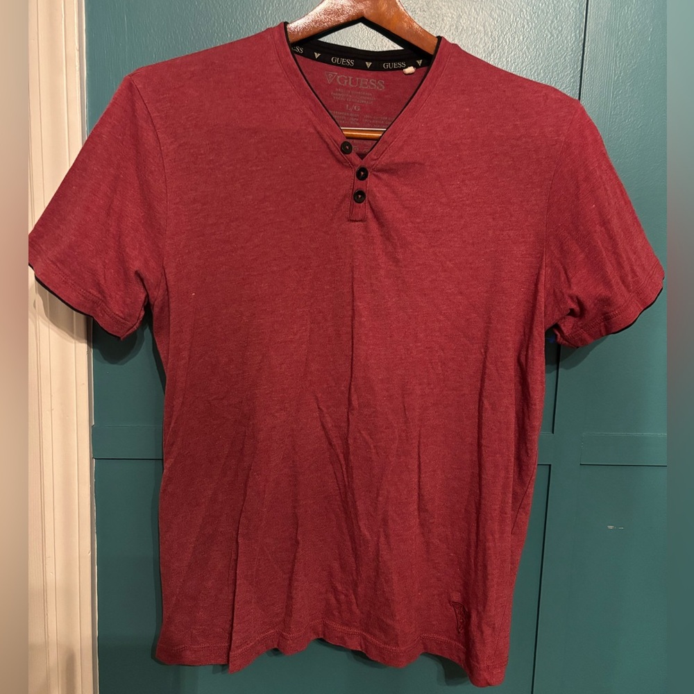 GUESS Men's Burgundy Henley Shirt Size L